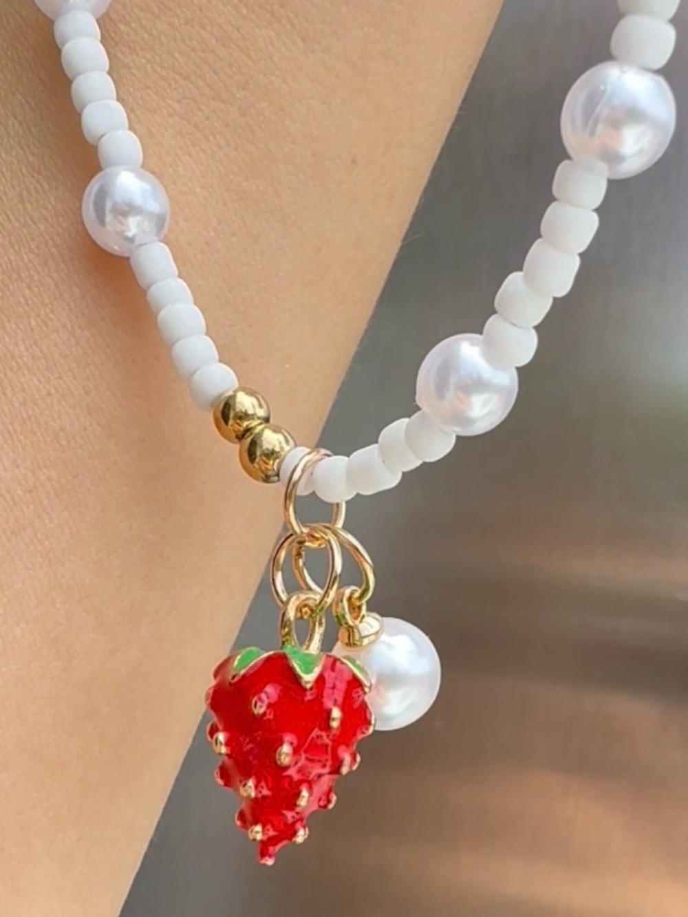 White Pearl Beaded Necklace with Red Strawberry Charm - Picture 3 of 3